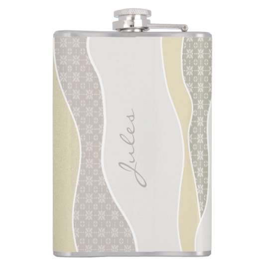 Roze Geel Groen Curve Stripe Abstracte Golven Naam Heupfles (Achterkant)