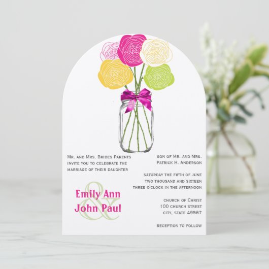 Roze Geel Groen Modern Mason Jar Floral Invite Kaart (Staand voorkant)