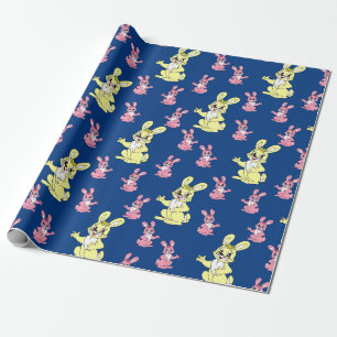 Roze Geel Kawaii Konijnenkonijn Blauwe Achtergrond Cadeaupapier