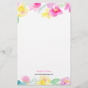  roze geel losse bloemen waterverf briefpapier