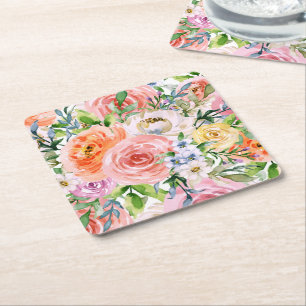 Roze Geel Witte Oranje Roos Bloemen Patroon Vierkante Kartonnen Onderzetter