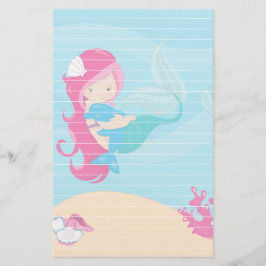 Roze gehaaste zeemeermin met bruinvissen briefpapier