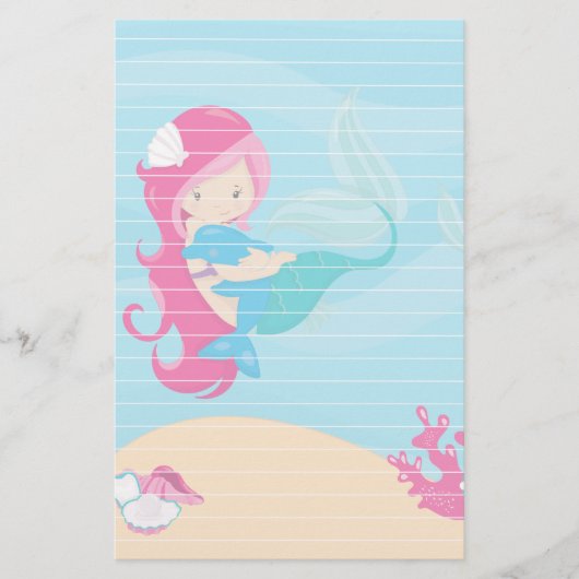 Roze gehaaste zeemeermin met bruinvissen briefpapier (Voorkant)