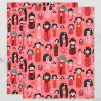 Roze geïllustreerd Japans Kokeshi plakboek papier