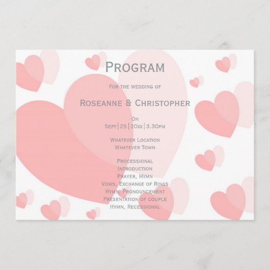 Roze gekleurde harten ontwerp bruiloft programma (Voorkant)
