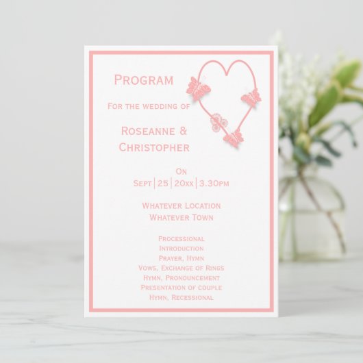 Roze Gekleurde Vlinders Hart Ontwerp Trouwen Programma (Staand voorkant)