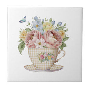Roze gele blauwe bloemen in Tea cup Floral Kitchen Tegeltje