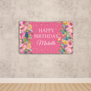 Roze Gele Bloem Glitter Gelukkig Verjaardag Spandoek