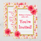Roze gele bloemen kinderen Birthday Party Invitati Kaart (Voorkant / Achterkant)