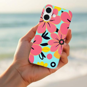 Roze & Gele Bloesems op Sky Blue-Dopamine Style iPhone 16 Hoesje