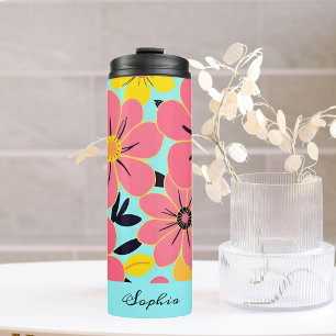 Roze & Gele Bloesems op Sky Blue - Dopamine Style Thermosbeker