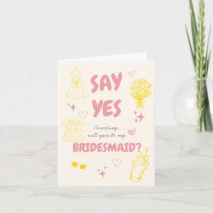 Roze + Gele Doodle Bruidsmeisje Voorstel Kaart
