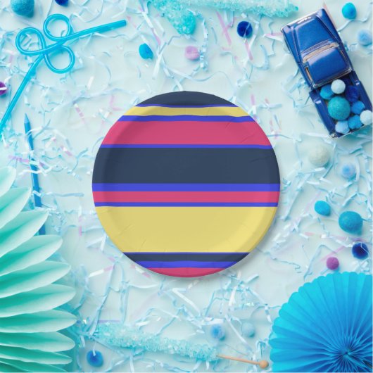 Roze, gele en blauwe strepen papieren bordje (Feest)