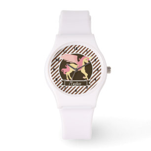 Roze & Gele Fantasie Eenhoorn; Bruine Witte Strepe Horloge