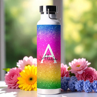 Roze gele groene regenboog Glitter Monogram Waterfles