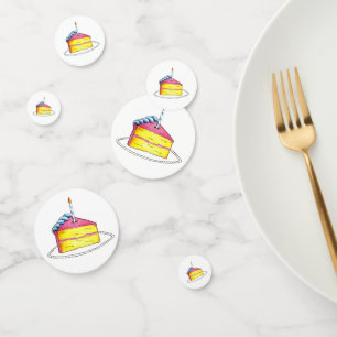 Roze gele laag Happy Birthday Cake Slice Candle Confetti