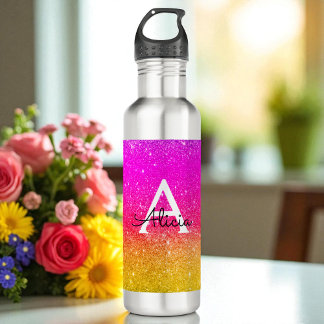 Roze gele monogram regenboog Sparkle Waterfles