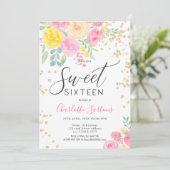 Roze gele rozen bloemengoud script zoet 16 kaart (Staand voorkant)