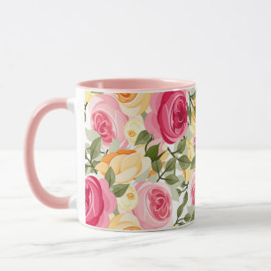 Roze & Gele Rozen Boerderij Shabby Chic Bloemstuk Mok