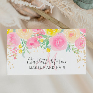 Roze gele rozen florale waterverf goudmake-up visitekaartje