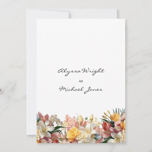 Roze gele rozen lelies orchideeën bloemenbruiloft kaart (Achterkant)