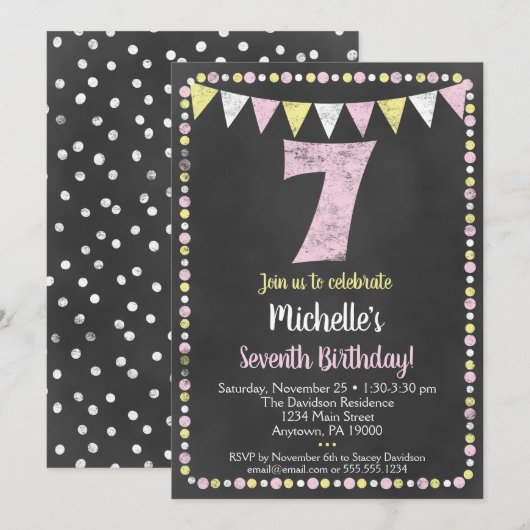 Roze Gele Schoolbord 7e Verjaardagsuitnodiging Kaart (Voorkant / Achterkant)