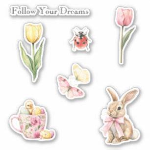 Roze Gele Tulpen Vlinders Konijn Kuiken Lieveheers Sticker