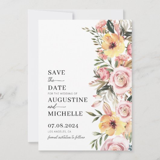 Roze & Gele Waterverf Bloemen Lente Bruiloft Save The Date (Voorkant)