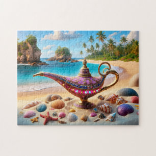 Roze genielamp op paradijsstrand legpuzzel