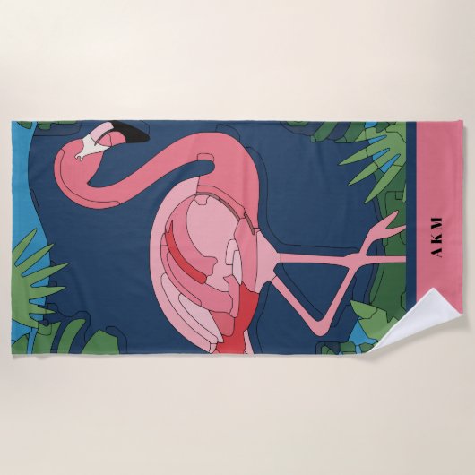 Roze Geo Flamingo met Naam Strandlaken (Voorkant)