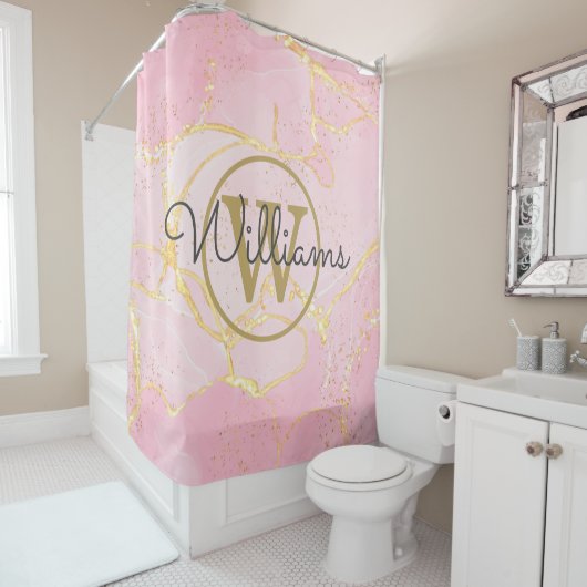 Roze Geode Agat Gouden Monogram Script Naam Douchegordijn (In situ)