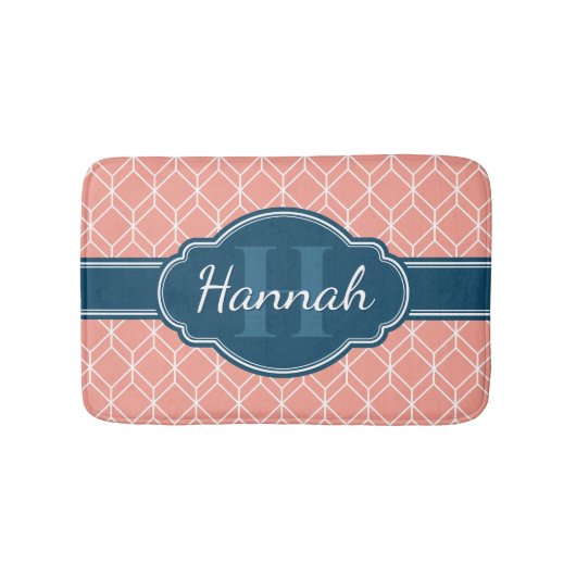 Roze Geometric Diamond Pattern Blue Monogram Badmat (Voorkant)