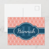 Roze Geometric Diamond Pattern Blue Monogram Briefkaart (Voorkant / Achterkant)