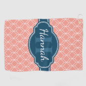 Roze Geometric Diamond Pattern Blue Monogram Golfhanddoek (Horizontaal)