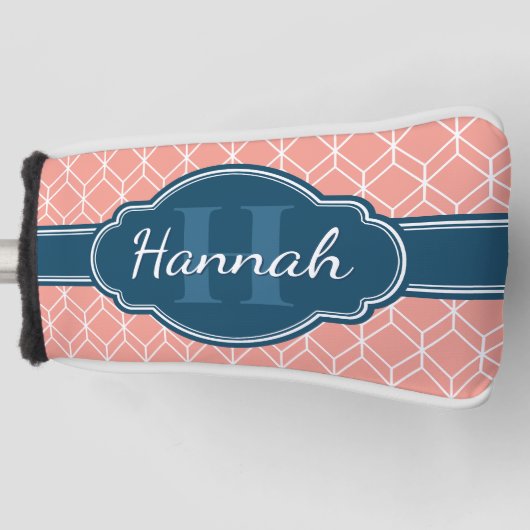 Roze Geometric Diamond Pattern Blue Monogram Golfheadcover (Voorkant)