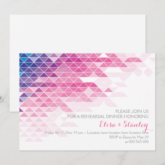 Roze geometrische driehoeken bruiloft repetitie di kaart (Voorkant / Achterkant)