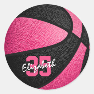 Roze, gepersonaliseerde basketbal ronde sticker