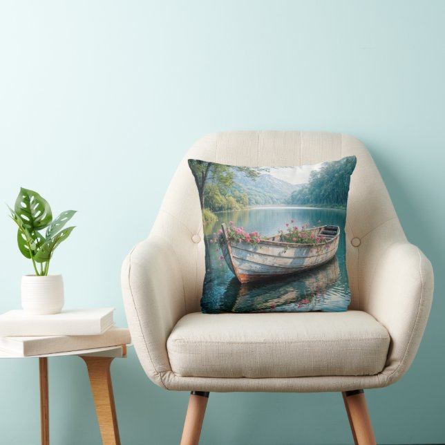 Roze geraniums in een oude roeiboot kussen (Stoel)