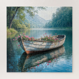 Roze geraniums in een oude roeiboot legpuzzel