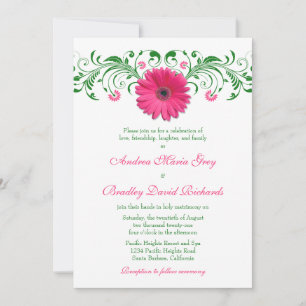 Roze Gerber Daisy Green Floral Wedding Invitation Kaart