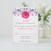 Roze Gerber Daisy Paarse Grijs Bloemen Huwelijk RS RSVP Kaartje (Staand voorkant)