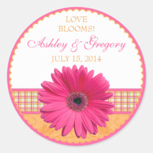 Roze Gerber Daisy Sinaasappel geruite lint bruilof Ronde Sticker