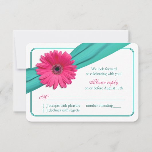 Roze Gerber Daisy Turquoise Lint Bruiloft RSVP (Voorkant)