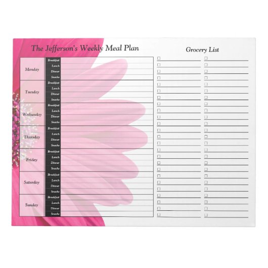 Roze Gerber Daisy Weekly Personalized Meal Planner Notitieblok (Voorkant)