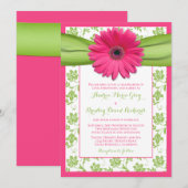 Roze Gerber Green Floral Damask Wedding Invitation Kaart (Voorkant / Achterkant)