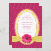 Roze Gerber Lemon Yellow Damask Wedding Invitation Kaart (Voorkant / Achterkant)