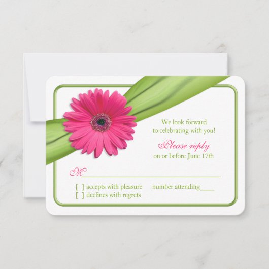 Roze Gerber Madeliefje Groene Lint Trouw RSVP Kaartje (Voorkant)
