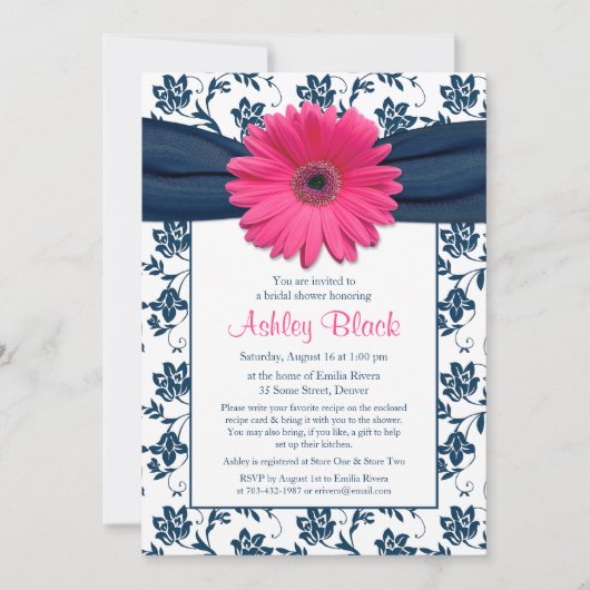 Roze Gerber Navy Damask Bridal Shower Uitnodiging (Voorkant)