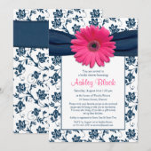 Roze Gerber Navy Damask Bridal Shower Uitnodiging (Voorkant / Achterkant)