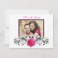 Roze Gerbera Black White Floral Save the Date Kaar